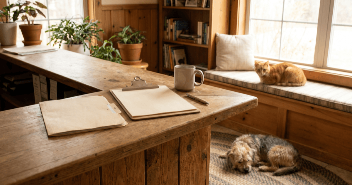 A shelter waiting room counter with a small folder, a clipboard with a blank sheet of paper, a pen, and a calm small dog and tabby cat both nearby.