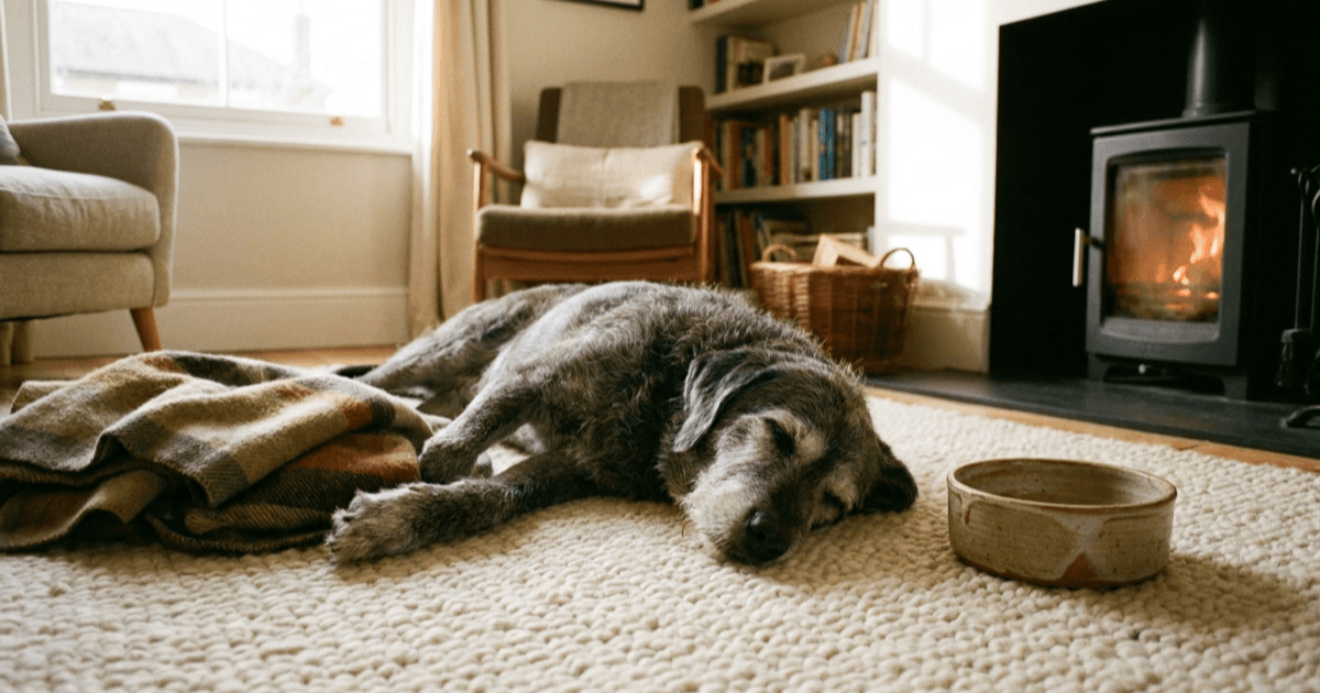 A calm middle-aged dog resting on a soft cream blanket in a warmly lit living room with a folded paper packet and a water bowl nearby.