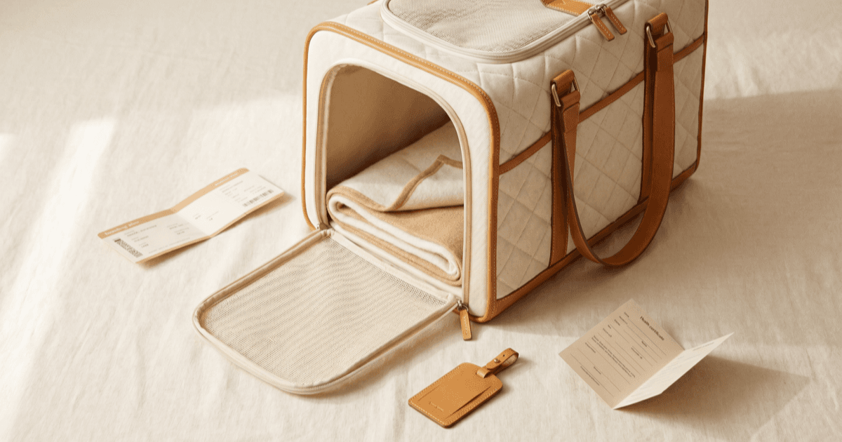 A flat-lay on warm cream linen of an airline-style soft-sided pet carrier, a folded boarding-pass-shaped paper card, a small luggage tag, a folded paper health certificate, and a small fabric blanket inside the carrier.