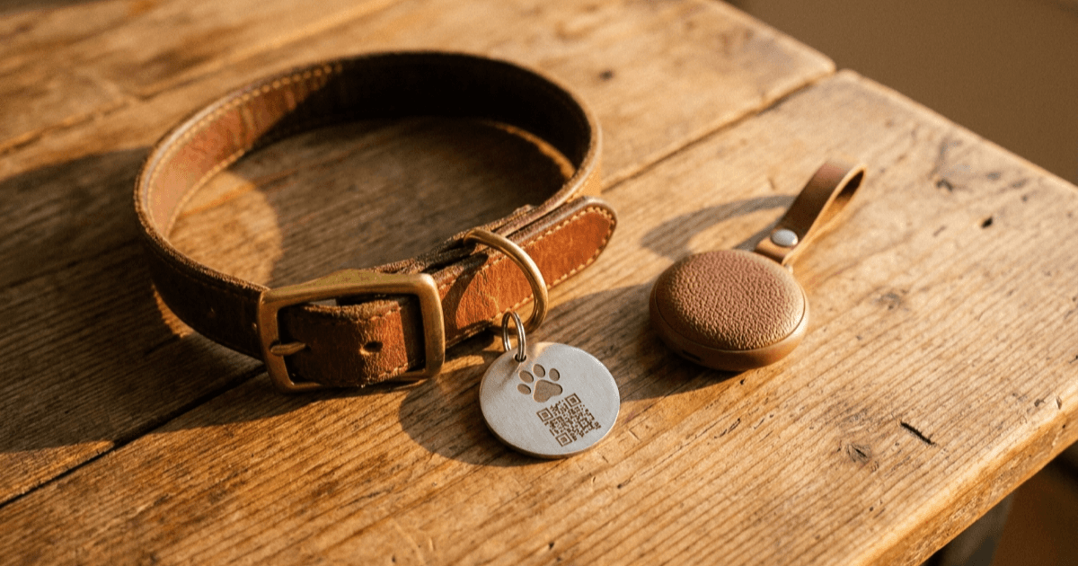 A flat-lay on a warm wooden surface with a leather pet collar carrying a small smart ID tag and a small round Bluetooth tracker beside it.