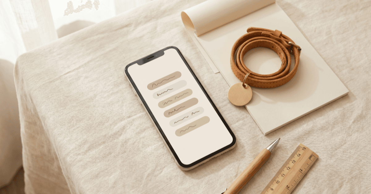 A flat-lay on warm cream linen of a smartphone face-up showing a calm minimal pet profile screen with six abstract sections, a small leather pet collar with a blank tag, a folded paper notepad, and a pen.