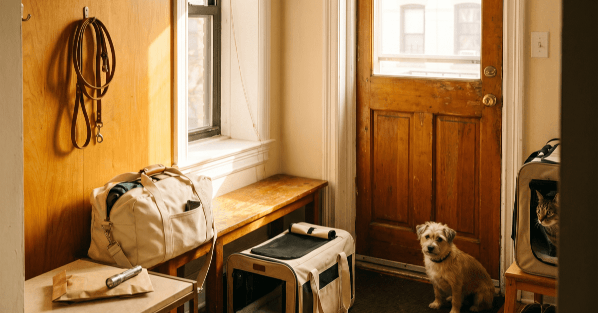 A warm apartment entryway scene at golden hour with a packed canvas go-bag and soft-sided pet carrier near a wooden door, a coiled leash hanging on the wall, and a calm small dog and tabby cat nearby.