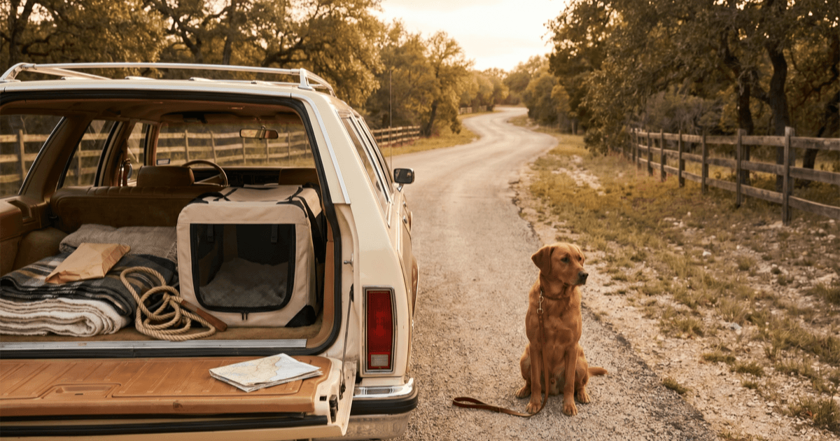 A warm Texas hill-country style residential road at golden hour with a packed car trunk visible, a soft-sided pet carrier, a coiled leash, a folded paper packet, and a calm medium-sized brown dog sitting nearby.