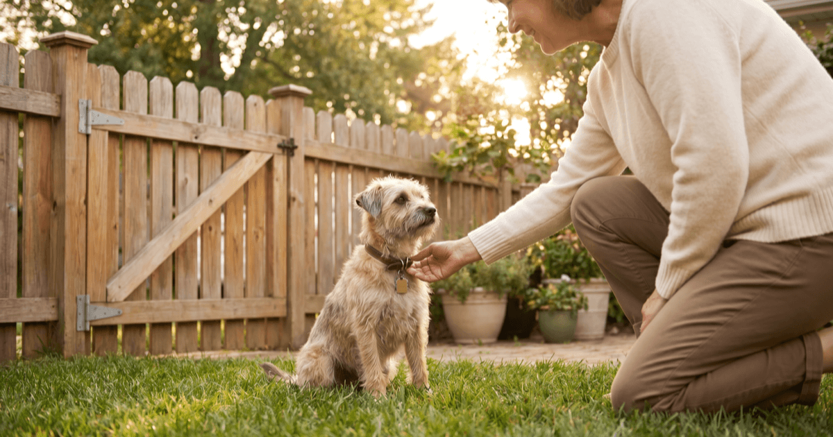 A quiet residential backyard at golden hour with a wooden fence and soft grass, a friendly small dog sitting calmly near the gate, and a neighbor kneeling at a respectful distance to gently check the dog&rsquo;s collar tag.