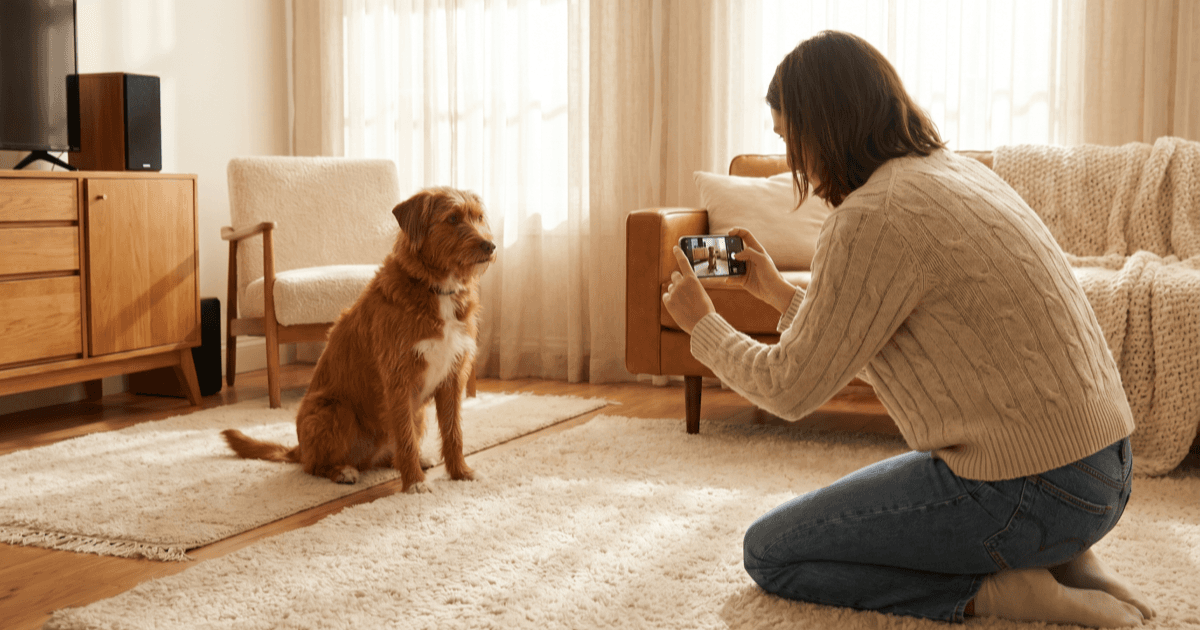 A person kneeling on a soft cream rug in a warmly lit living room calmly photographing a friendly medium-sized brown dog sitting attentively at a respectful distance.