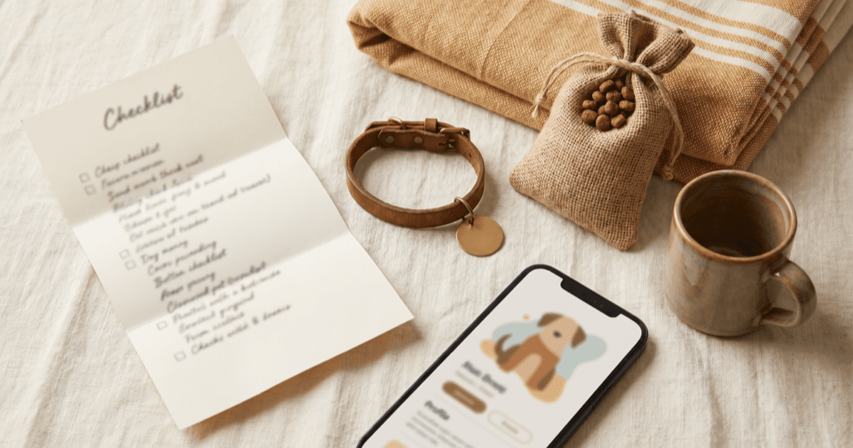 A warm flat-lay on cream linen of a folded paper pre-arrival checklist, a small leather pet collar with a blank tag, a folded fabric blanket, a small pouch of kibble, a small ceramic mug, and a smartphone showing an abstract pet profile screen.