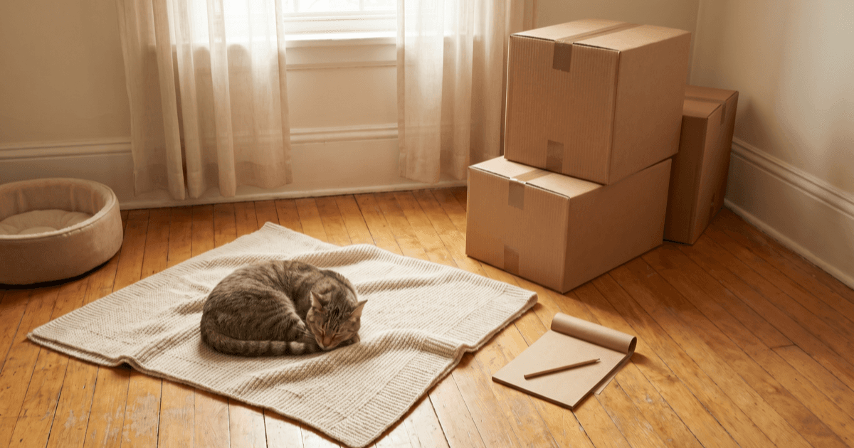 A calm tabby cat sitting on a soft cream blanket on a wooden floor near a few neatly stacked moving boxes in a sunlit unfamiliar room, with a small fabric cat bed and a folded paper notepad nearby.