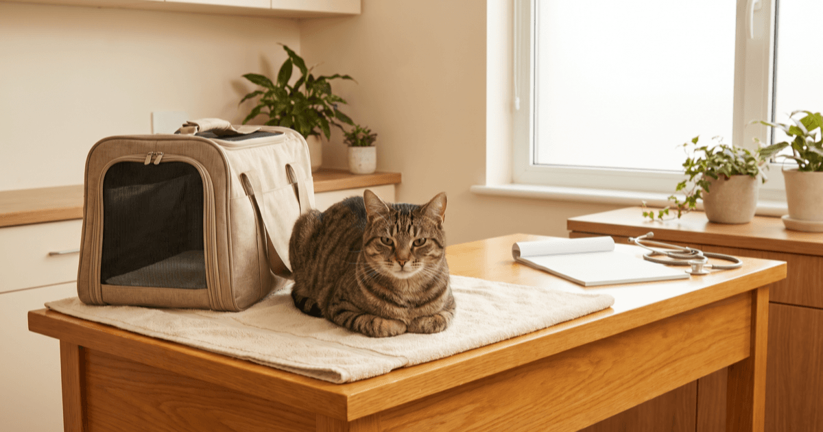 A calm veterinary examination room with a soft-sided pet carrier on the exam table, a folded paper notepad, a stethoscope on the counter, and a calm tabby cat sitting on a soft cream towel on the table.