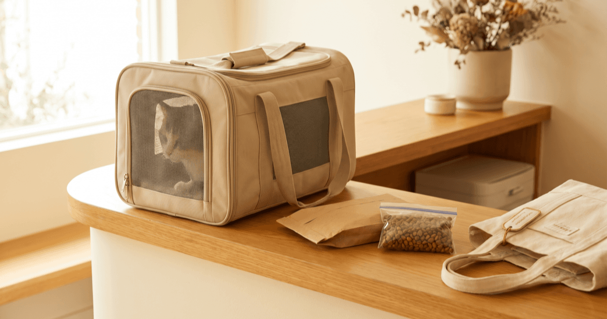 A tidy boarding-facility check-in counter with a soft-sided cat carrier on top, a labeled fabric tote bag, a folded paper packet, a small ziplock pouch with cat food, and a calm cat barely visible inside the carrier.
