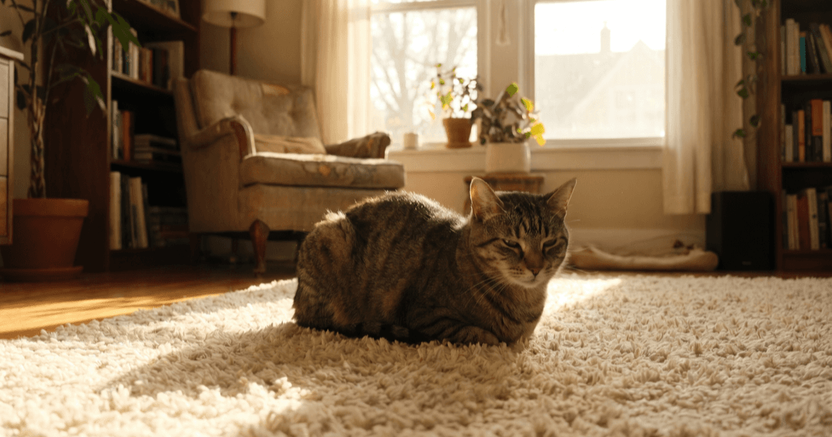 A calm domestic tabby cat with relaxed body posture sitting on a soft cream rug in a sunlit room, tail loosely curled, eyes soft.