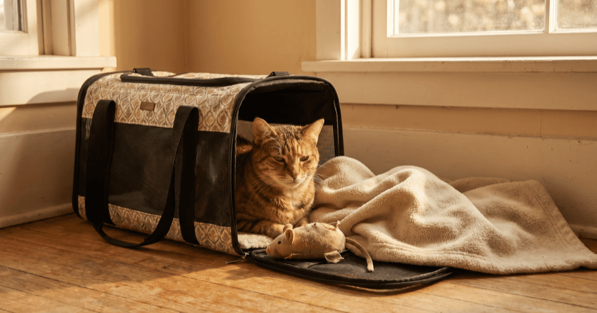 An open soft-sided pet carrier on a warm wooden floor with a small fleece blanket, a familiar fabric toy, and a calm tabby cat sitting calmly beside it.
