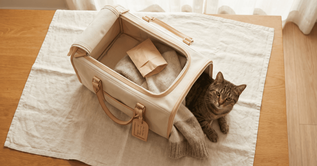 A flat-lay on warm cream linen of a soft-sided pet carrier with a small luggage-style label tag, a folded paper packet, a small fabric blanket inside, and a calm tabby cat sitting at the edge of the carrier.
