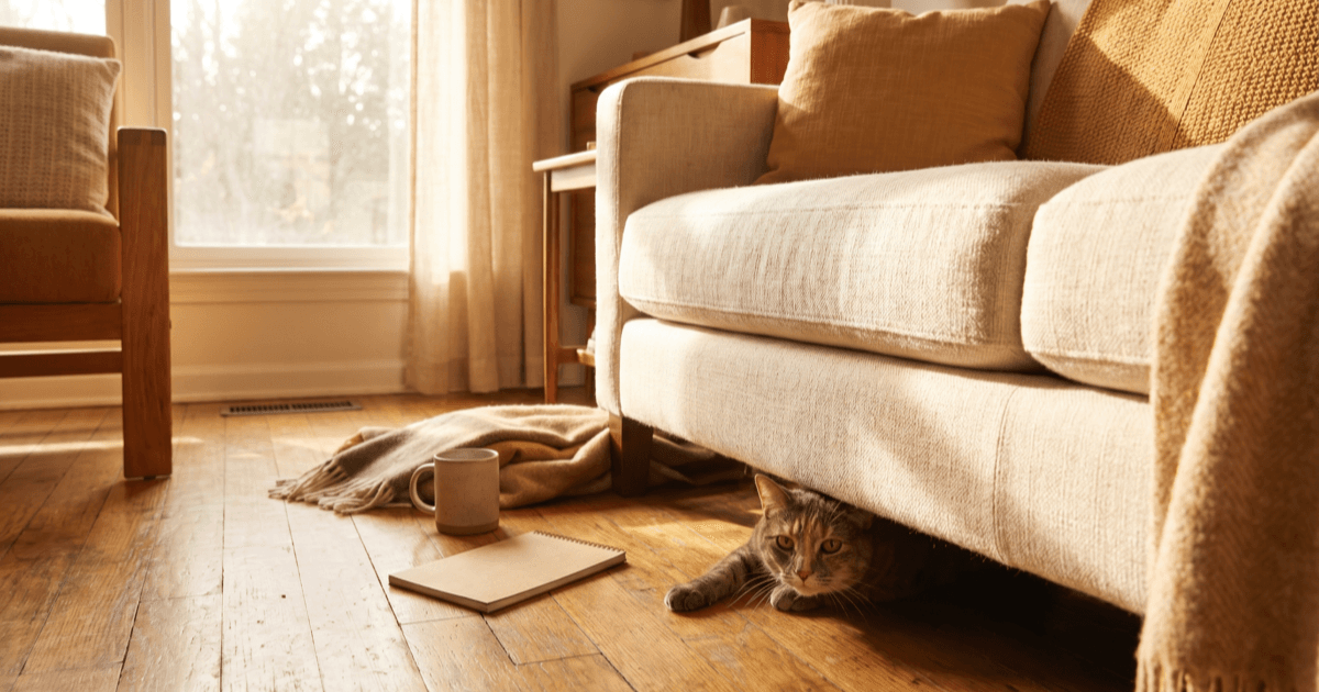 A calm tabby cat partially hidden underneath a soft cream couch in a warmly lit sunlit living room, head and one paw visible, with a folded paper notepad on the wooden floor nearby.