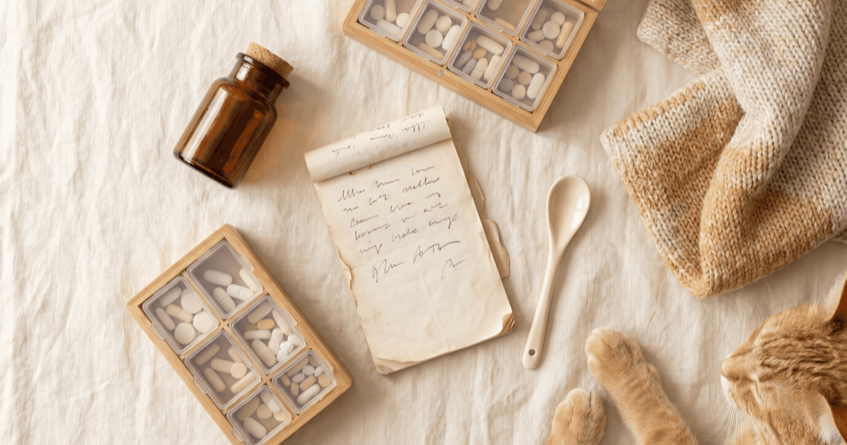 A flat-lay on warm cream linen of a small unlabeled pill bottle, a small pill organizer, a folded paper notepad with handwritten medication notes, a small ceramic spoon, and a small fabric blanket with a calm tabby cat at the edge of frame.