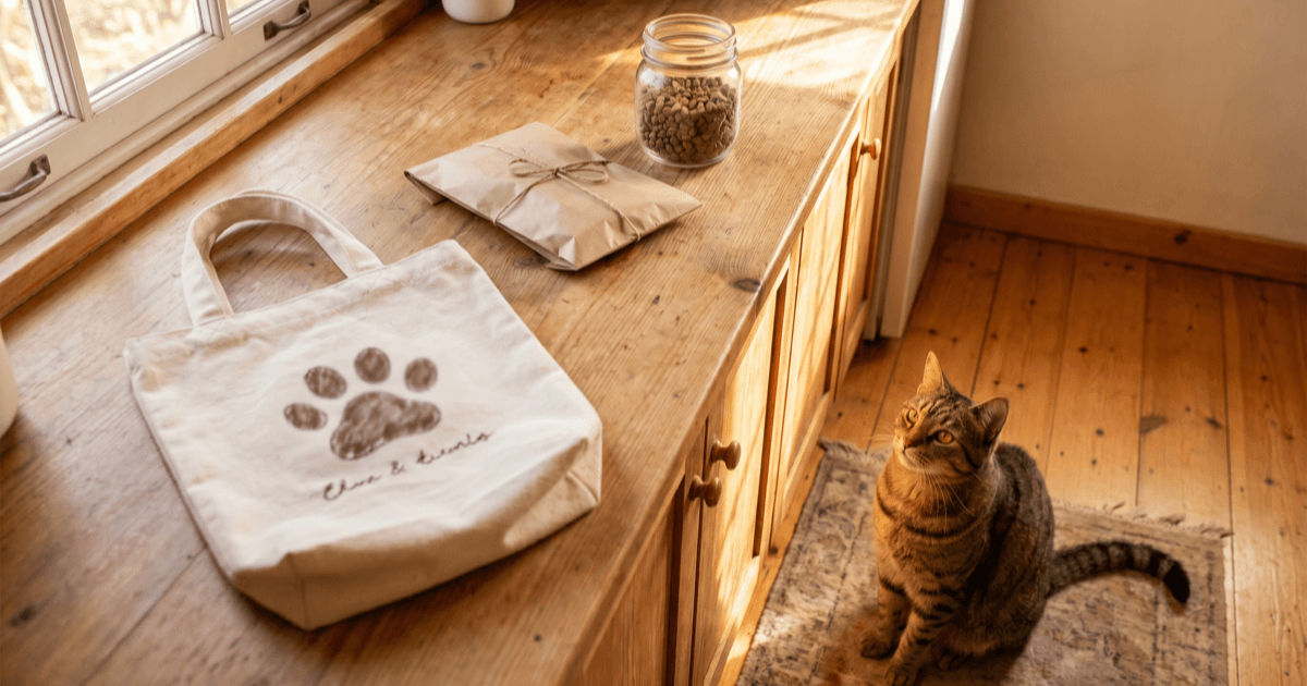 A warm sunlit kitchen counter with a small fabric tote labeled with a paw mark, a folded paper packet, a small clear container of dry food, and a calm tabby cat sitting nearby on a wooden floor watching.