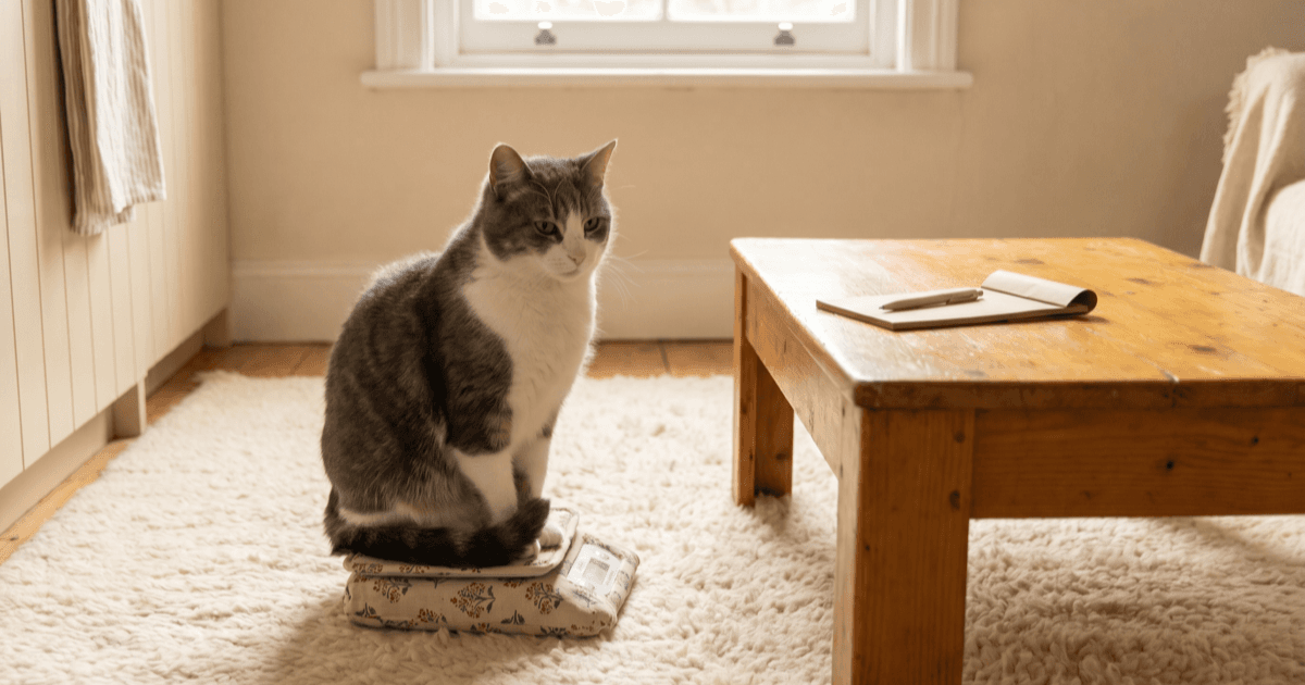 A calm gray-and-white domestic cat sitting on a small fabric kitchen scale on a soft cream rug in a warmly lit room, with a folded notepad and pen on a low wooden table.