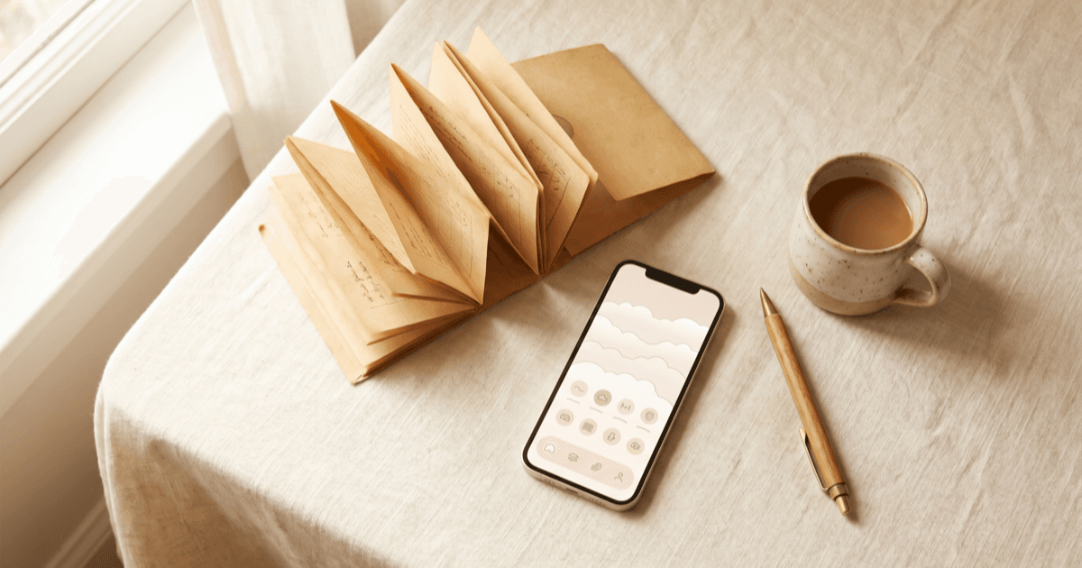 A flat-lay on warm cream linen of a small accordion-style paper folder with visible record sheets and a smartphone with a cloud-style screen beside it, a pen, and a small ceramic mug.