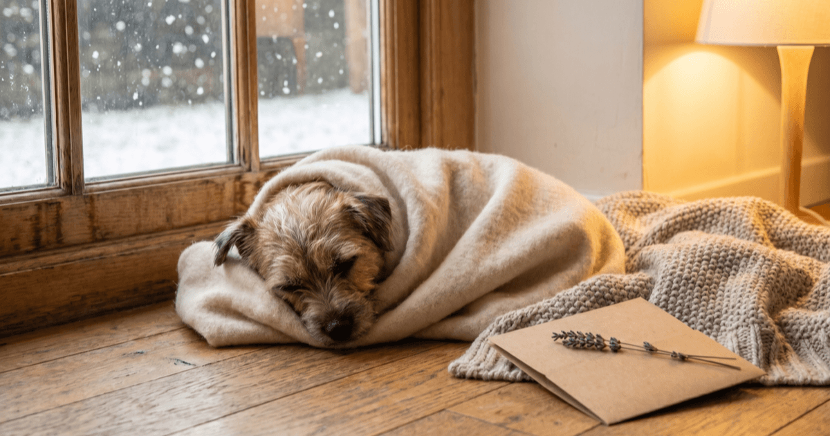 A small dog wrapped in a soft cream blanket on a wooden floor near a window where soft snow is falling outside, with a knit blanket and a folded paper card nearby.