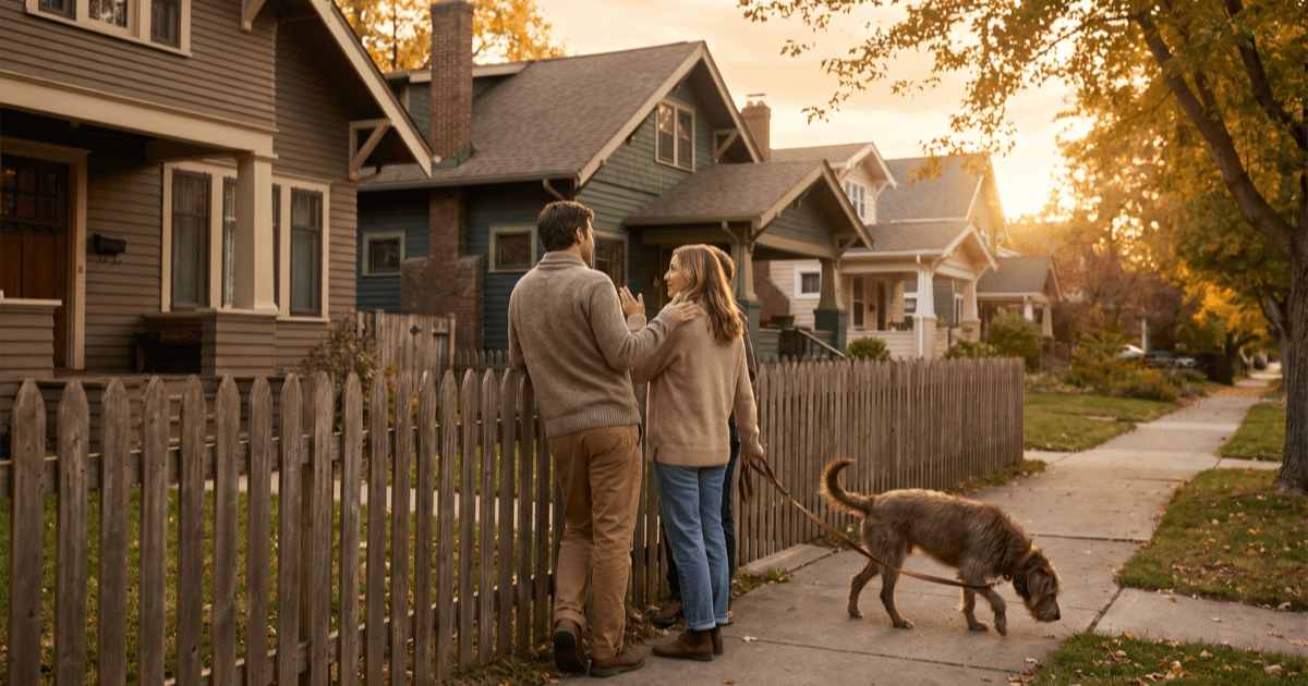 A quiet residential street at golden hour with two neighbors gently talking by a fence as a small dog walks calmly past on a leash.