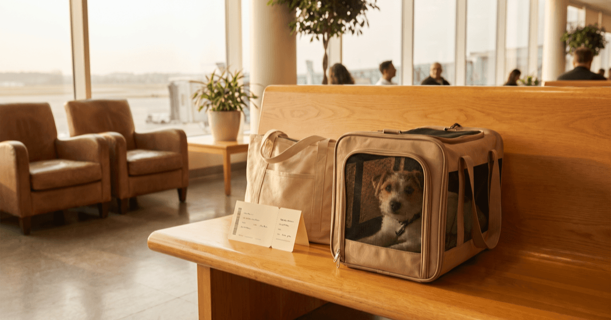 A warm airport waiting-area scene with a soft-sided airline-style pet carrier on a wooden bench, a small canvas tote bag, a folded paper boarding-pass-shaped card, and a calm small dog visible inside the carrier.