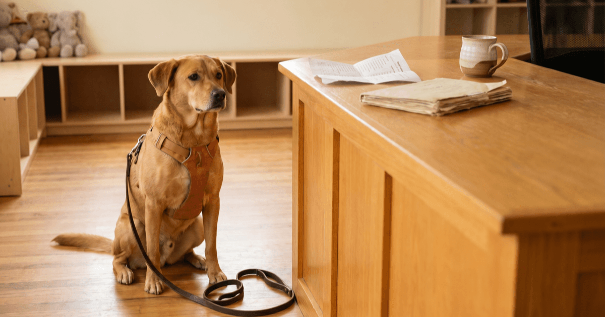 A warm daycare intake counter scene with a folded paper checklist, a calm medium-sized brown dog sitting on a wooden floor wearing a Y-front harness, a folded paper packet of records, a coiled leash, and a small ceramic mug.