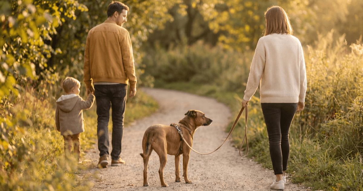A calm leashed medium-sized brown dog standing on a quiet park trail at golden hour with respectful distance between two people, gentle warm sunlight.
