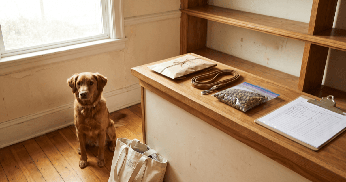 A tidy boarding-facility intake counter scene with a calm medium-sized brown dog sitting beside a labeled fabric tote, a folded paper packet, a coiled leash, and a small ziplock pouch with kibble.