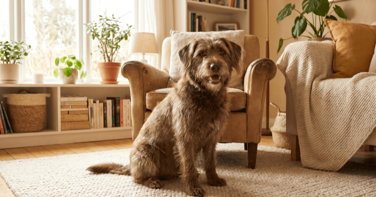 A friendly mid-sized brown dog with relaxed body posture and a gentle expression sitting on a soft cream rug in a calmly lit living room.