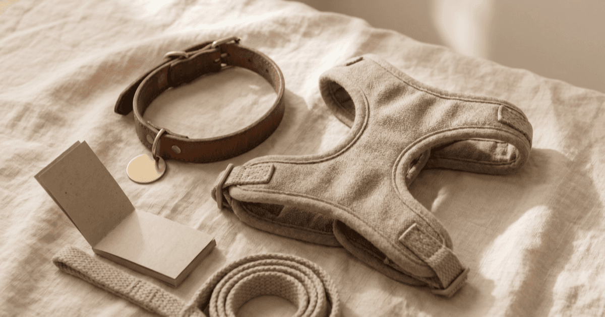 A leather dog collar with a small blank metal tag and a soft-fabric body harness laid side-by-side on warm cream linen with a coiled leash and a notepad.