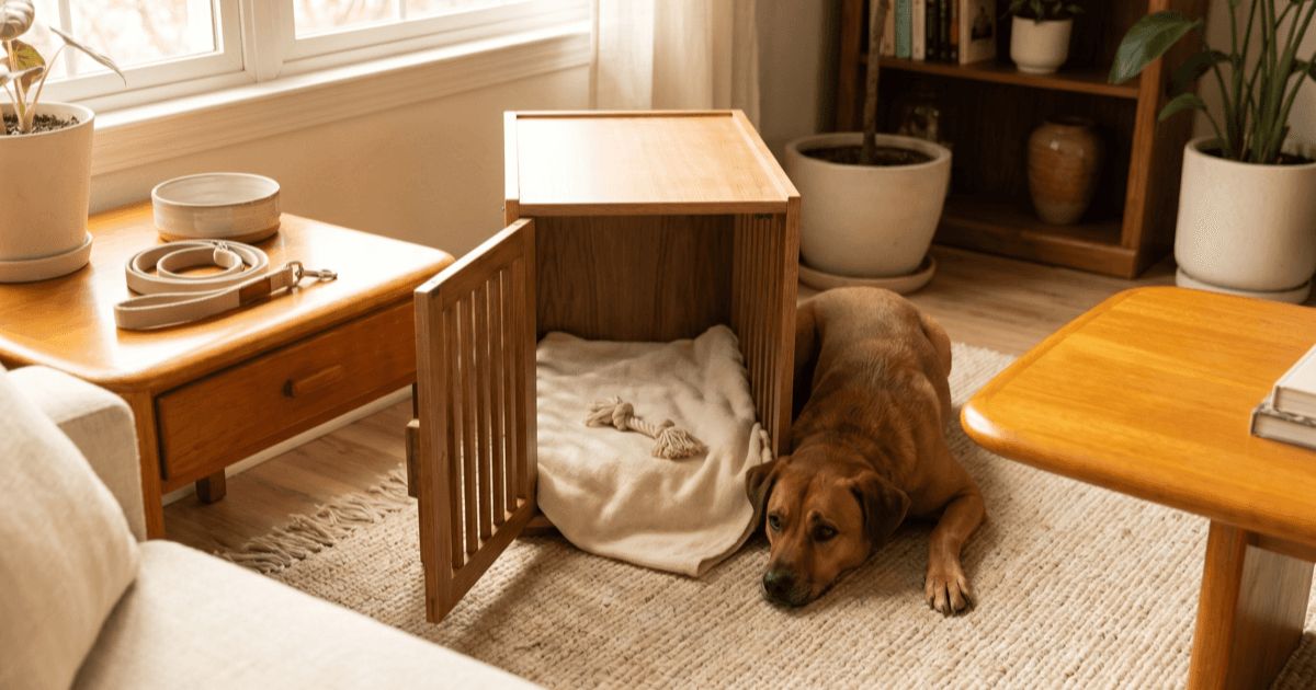 A small dog crate with the door open in a warmly lit living room, a folded blanket inside, and a calm dog resting at the entrance.