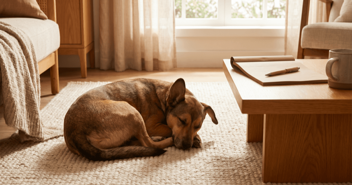 A calm medium-sized brown dog resting on a soft cream rug with one ear gently visible, a folded paper notepad and pen on a nearby low wooden table.