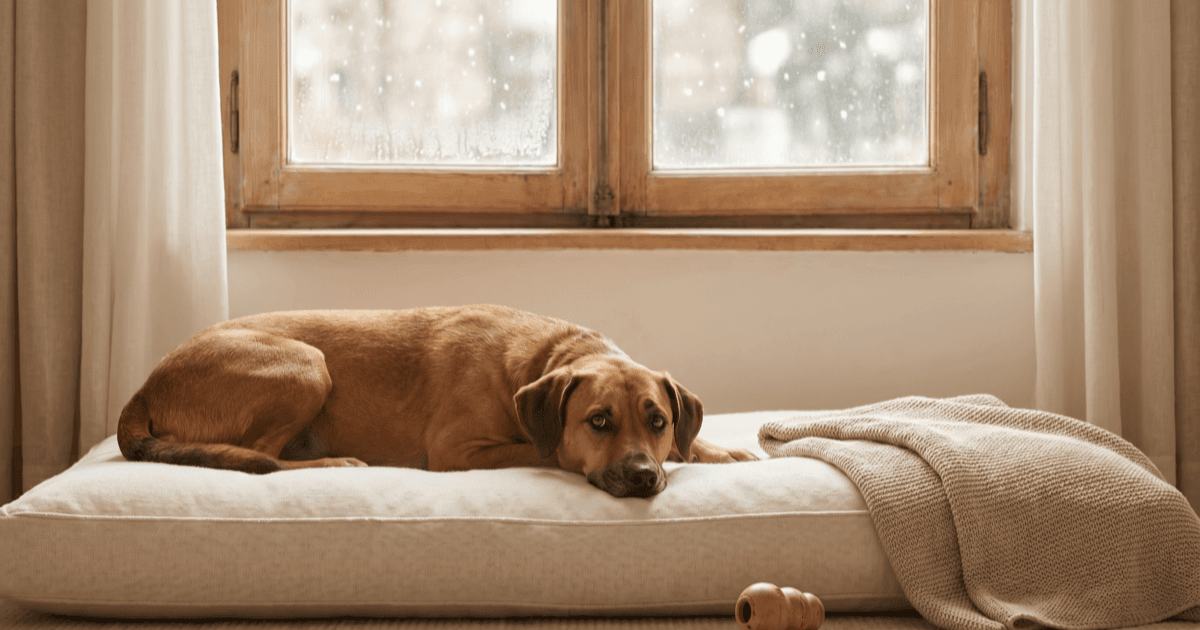 A calm medium-sized brown dog resting on a soft cream cushion in a warmly lit living room with a soft blanket and chew toy, soft falling weather implied through a closed window.