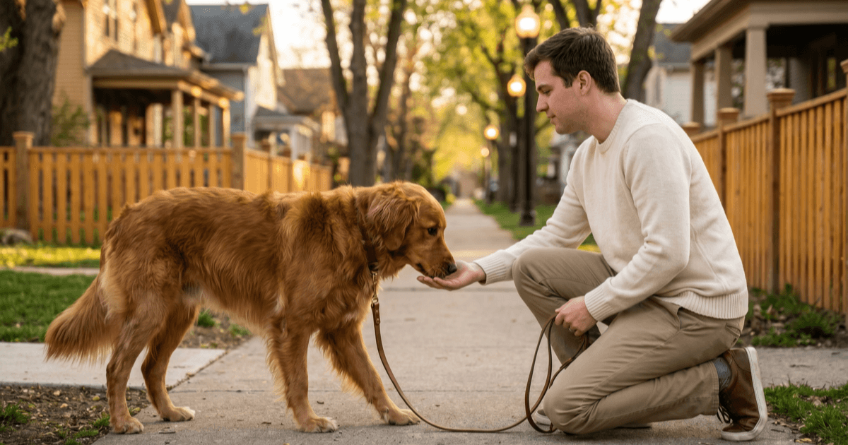 A friendly leashed medium-sized brown dog politely sniffing the back of an extended hand from a person who is kneeling at a respectful distance on a quiet sidewalk at golden hour.