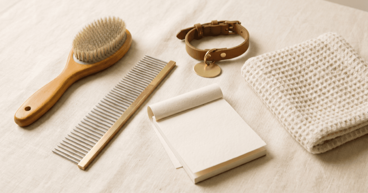 A flat-lay on warm cream linen of a slicker brush, wide-tooth comb, folded paper notepad, small leather collar, and a soft fabric grooming towel.