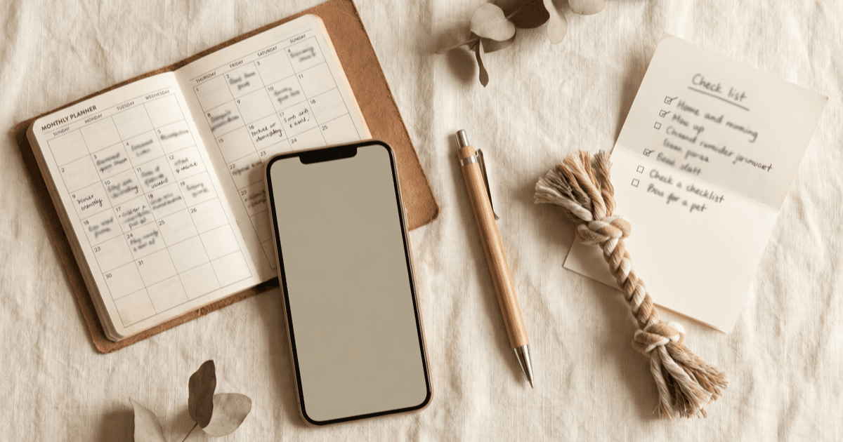 A flat-lay on warm cream linen of a small monthly paper planner with handwritten notes, a smartphone, a pen, a small chew toy, and a folded checklist sheet.