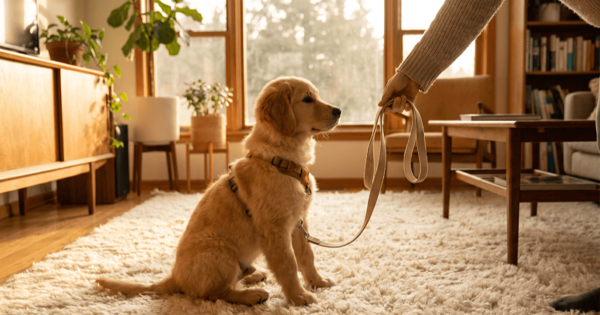 A calm friendly puppy sitting attentively on a soft cream rug indoors as a person holds a leash loosely, warm afternoon light.