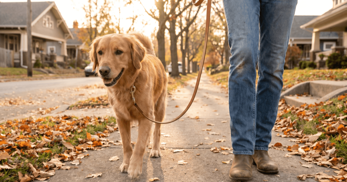 A medium-sized brown dog walking on a loose leash along a quiet residential sidewalk at golden hour next to a person with relaxed posture.