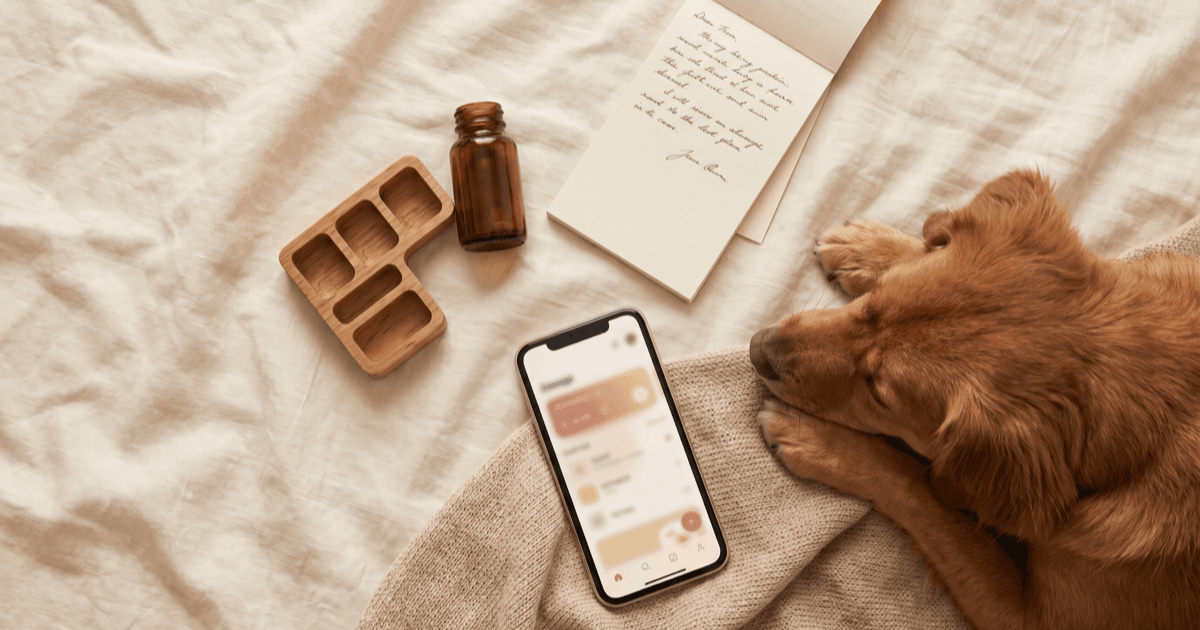 A flat-lay on warm cream linen of a small unlabeled pill bottle, a small pill organizer, a folded paper notepad with handwritten medication notes, a smartphone with a reminders screen, and a small fabric blanket with a calm medium-sized brown dog resting at the edge of frame.