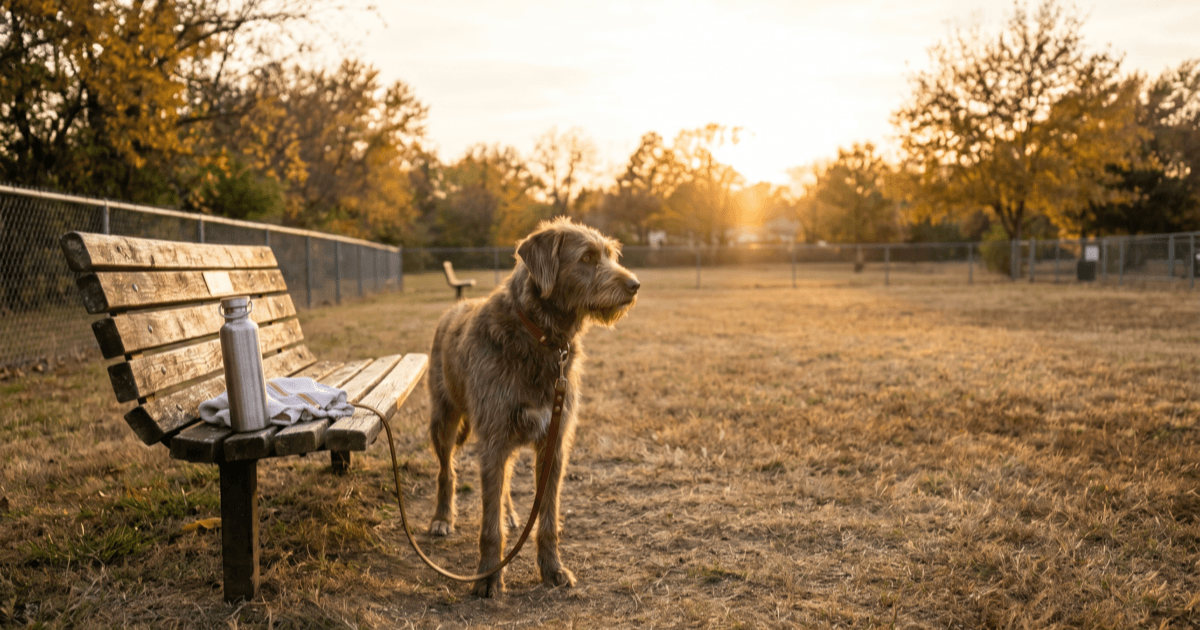 A fenced grassy dog park at golden hour with a friendly brown dog on leash near a wooden bench with a water bottle and small towel.