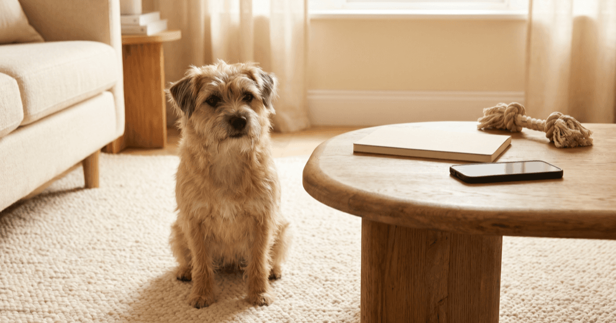 A calm small-to-medium dog sitting attentively on a soft cream rug in a sunlit room with a folded notepad, smartphone face-down, and a small chew toy on a low wooden table nearby.