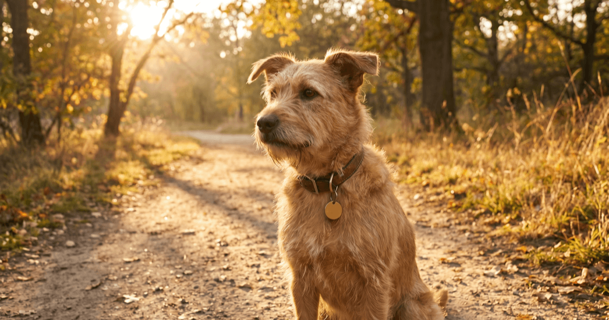 A friendly brown dog sitting attentively at a quiet park trail in golden hour light, with a small leather collar and a blank metal ID tag visible.