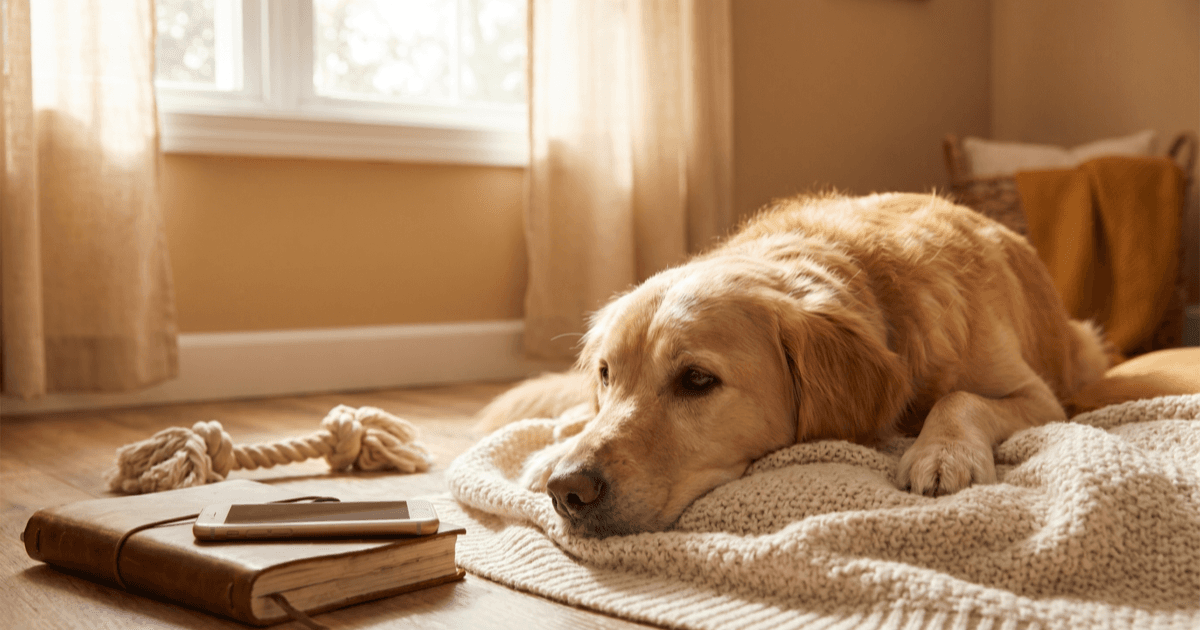 A calm dog resting on a soft cream blanket in a quiet sunlit room with a leather notebook, a smartphone, and a small chew toy nearby.