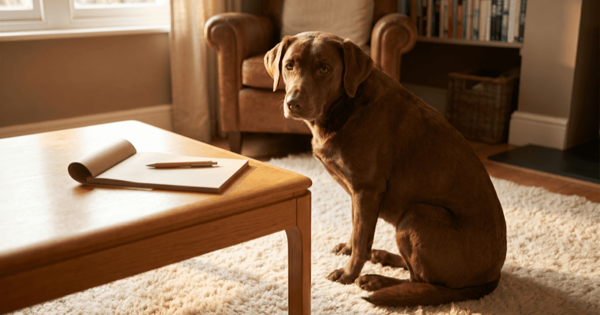A calm friendly medium-sized brown dog sitting on a soft cream rug in a warmly lit living room with a folded paper notepad and a pen on a low wooden coffee table nearby.