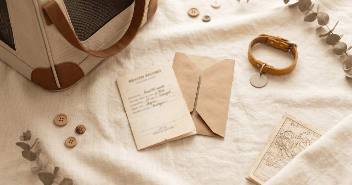 A flat-lay on warm cream linen of a small folded health-certificate-style paper card, a folded paper packet, a small leather pet collar with a blank tag, a soft-sided pet carrier (partial frame), and a small map.