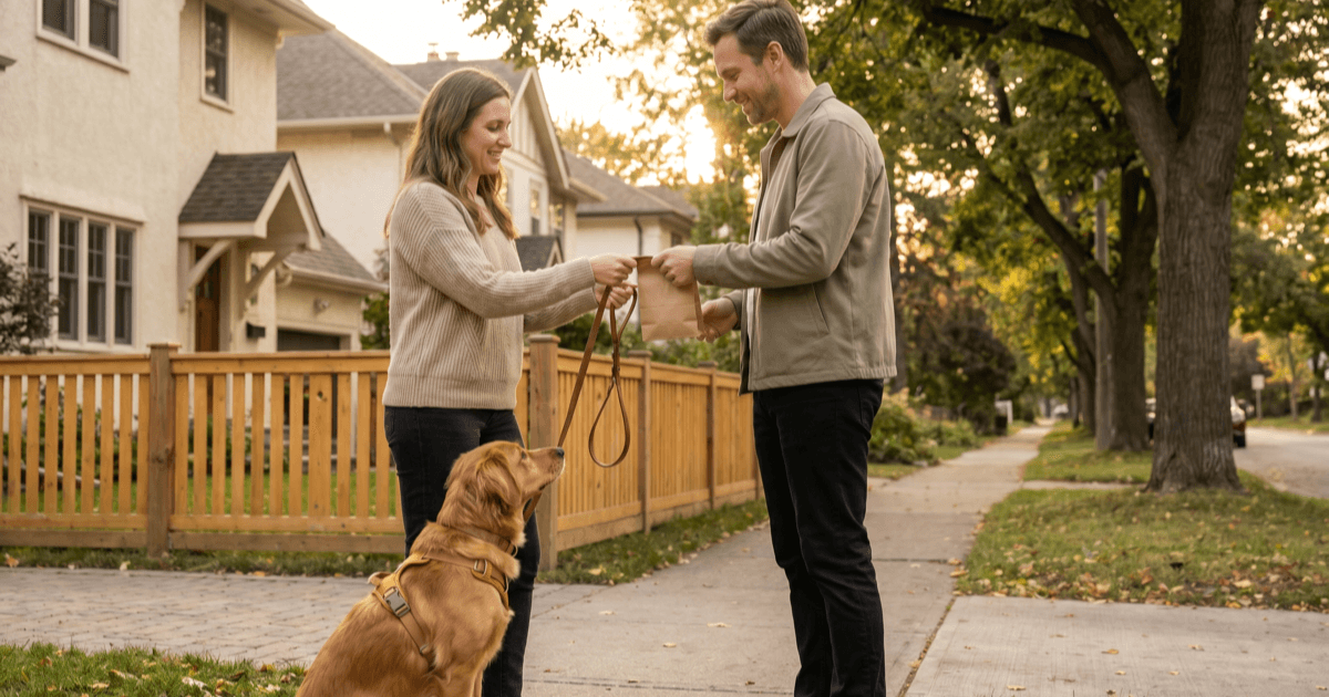 A calm dog walker handoff scene at a quiet residential sidewalk at golden hour, two adults politely exchanging a leash and a folded paper packet beside a calm medium-sized brown dog wearing a Y-front harness.