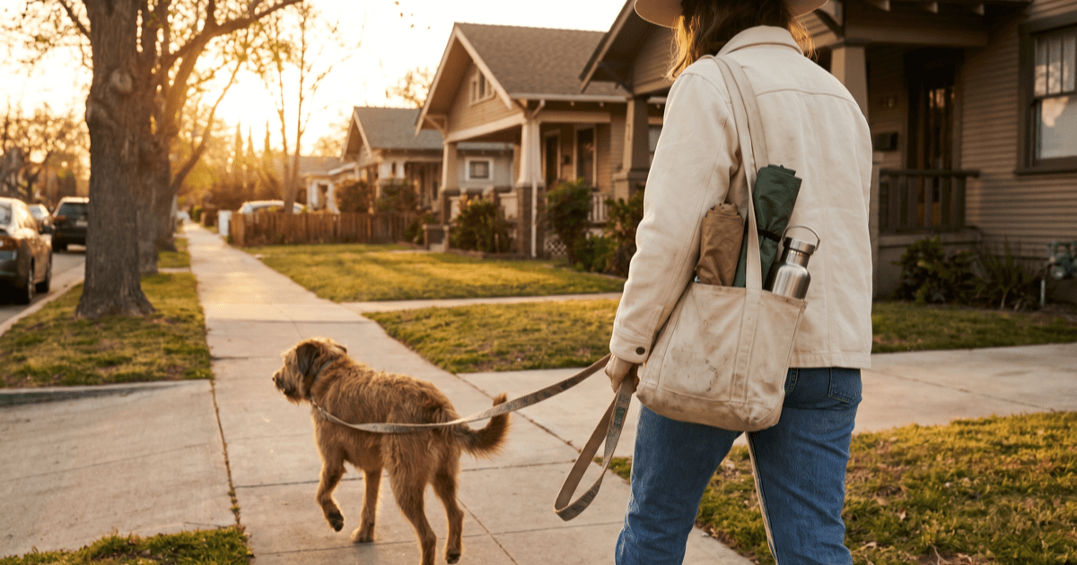 A calm friendly medium-sized brown dog on a leash being walked along a residential sidewalk at golden hour by a person whose face is out of frame, a small canvas tote with poop-bags slung over the shoulder.