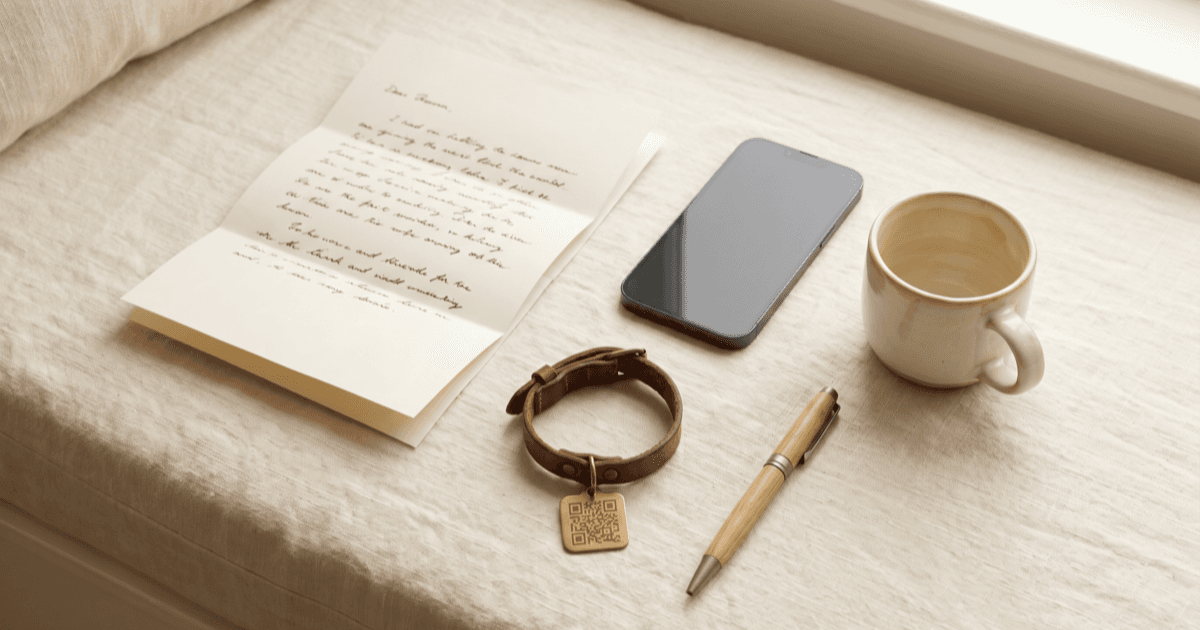 A flat-lay on warm cream linen of a folded paper checklist, a smartphone face-down, a small leather pet collar with a blank QR-style tag, a pen, and a small ceramic mug.