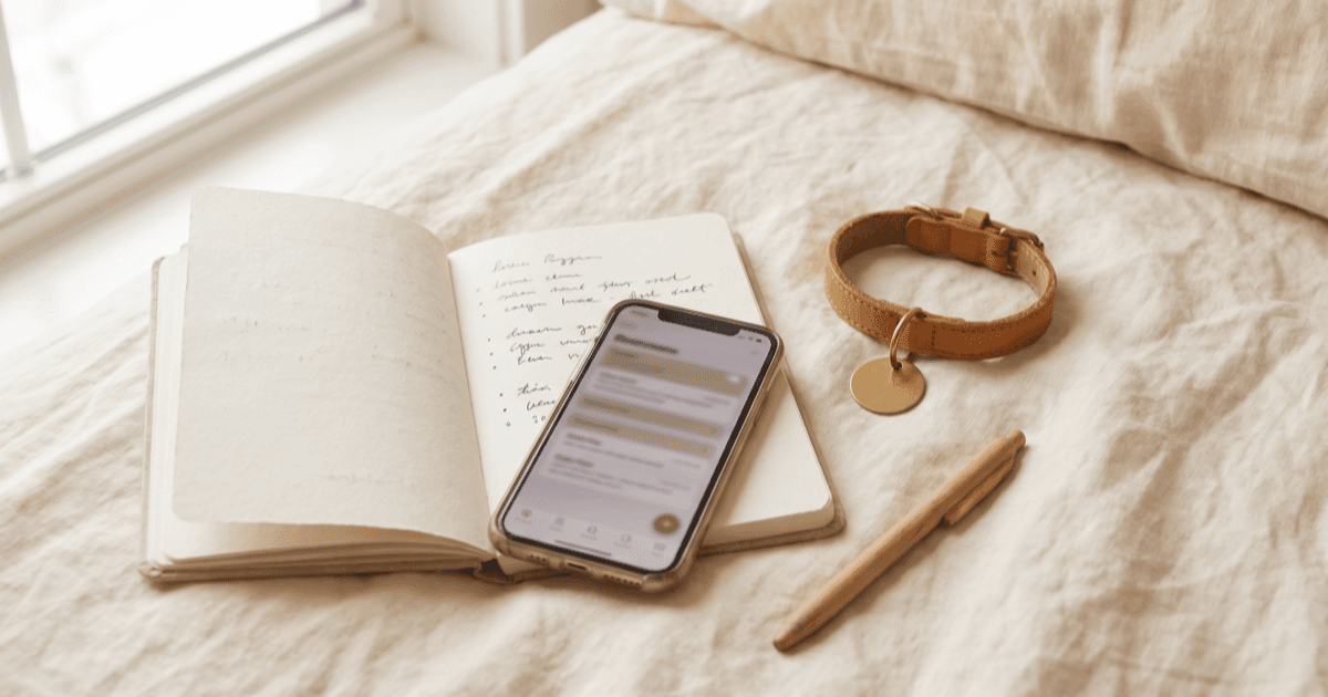 A flat-lay on warm cream linen of a small monthly paper planner, a smartphone with a reminders screen, a small leather pet collar with a blank tag, and a pen.