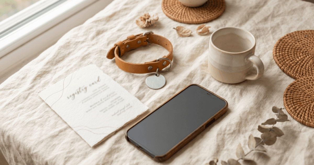 A flat-lay on warm cream linen of a small leather pet collar with a blank QR-style tag and a folded printed registry-style card beside it, a smartphone face-down, and a small ceramic mug.