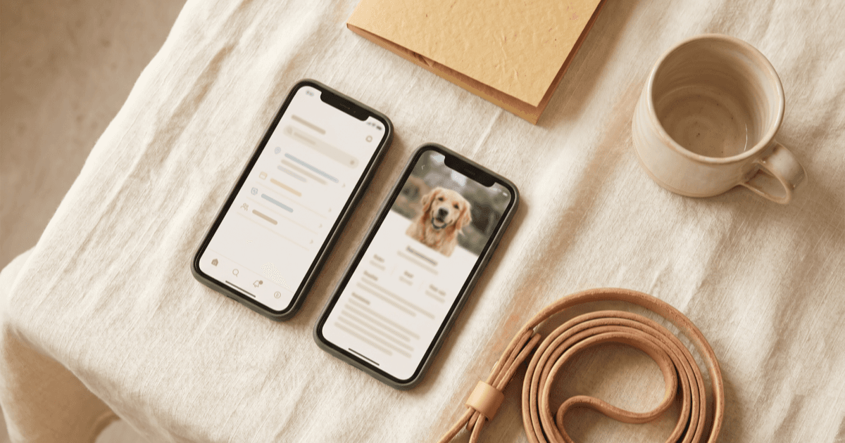 A flat-lay on warm cream linen of two smartphones side by side (sitter-notes screen and pet-profile screen), a folded paper notepad, a coiled leash, and a small ceramic mug.